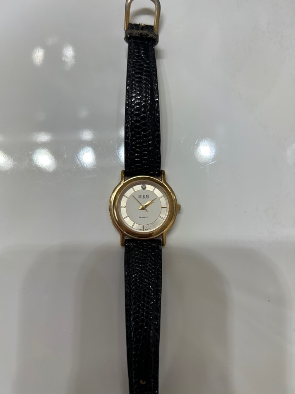 bill blass Gold-Tone Round Watch with Black Leather Strap